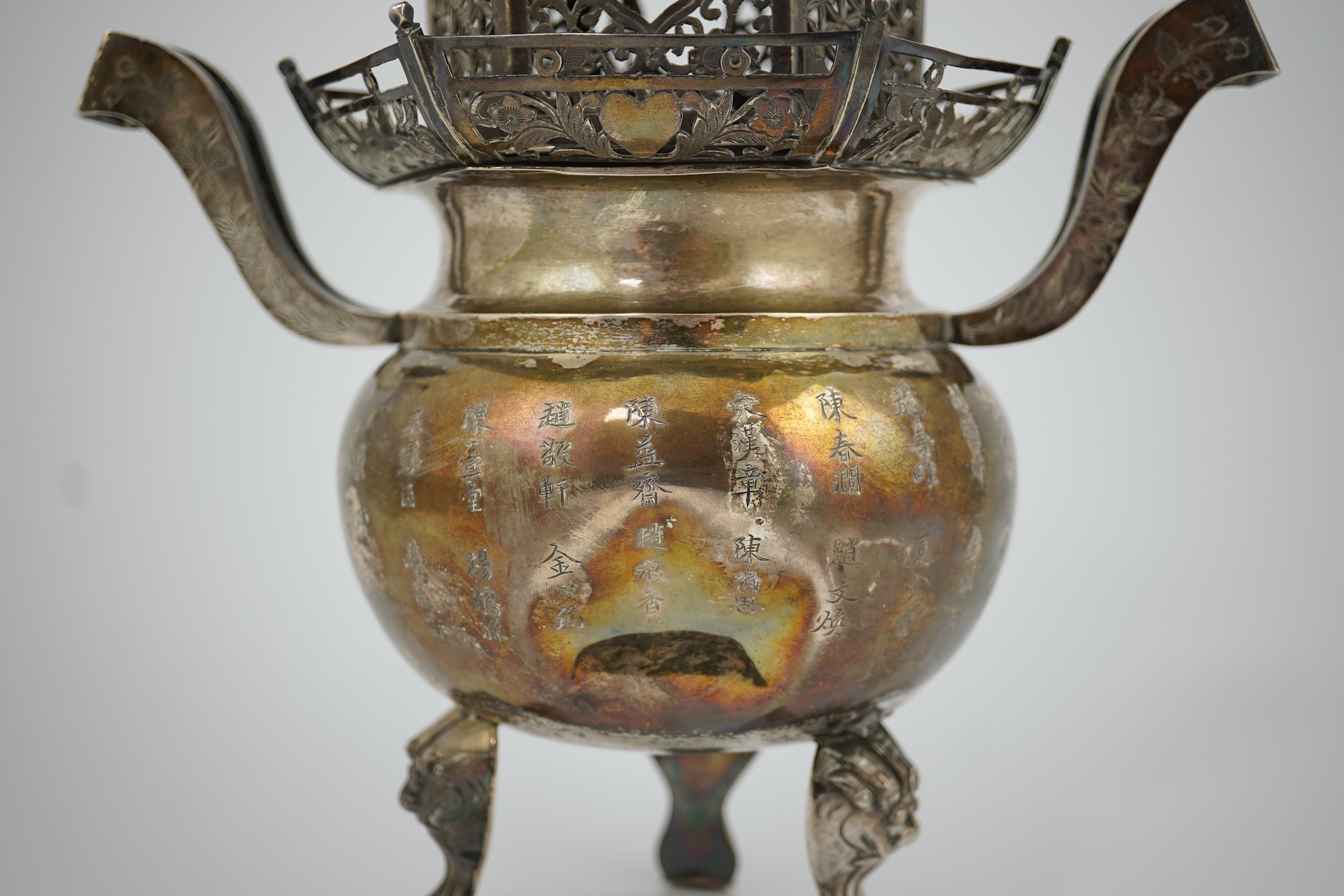 An unusual Chinese silver tripod censer with pagoda shaped cover, ding, early 20th century